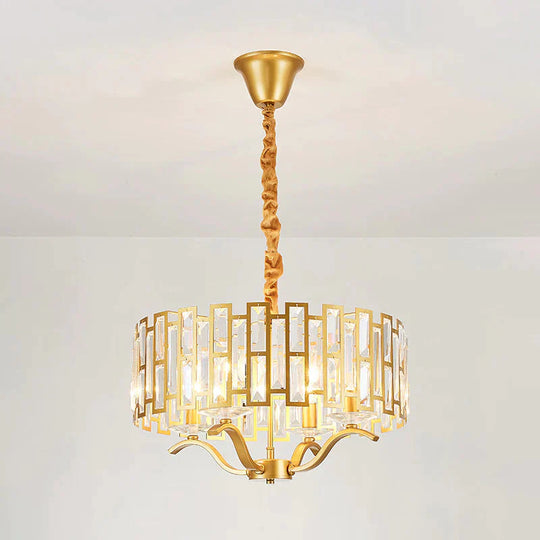 3/4 Heads Drum Hanging Lamp Traditional Gold Crystal Embedded Chandelier Light With Scrolls