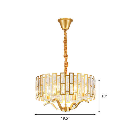 3/4 Heads Drum Hanging Lamp Traditional Gold Crystal Embedded Chandelier Light With Scrolls