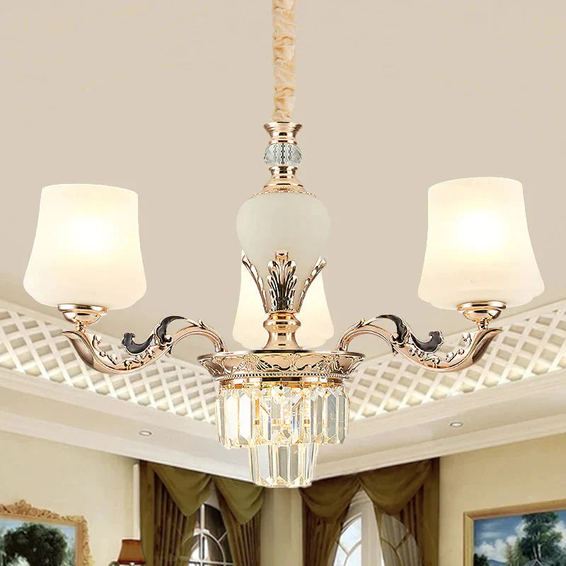 3/6 Heads Ceiling Light With Tapered Shade White Glass Traditional Bedchamber Chandelier Lamp In
