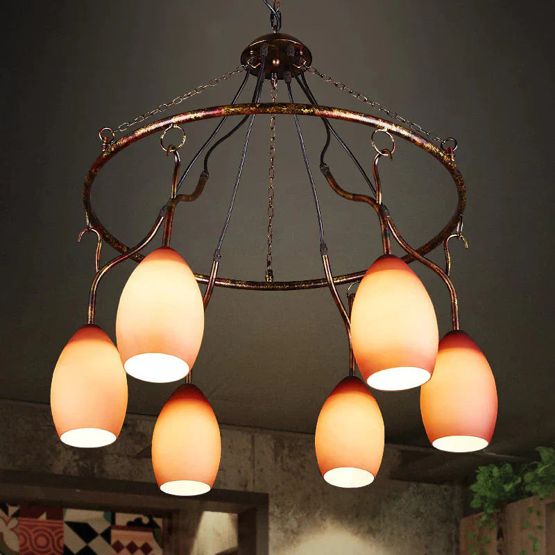 6 Lights Ring Hanging Light With Pink Melon Shade Antique Glass Chandelier For Cafe