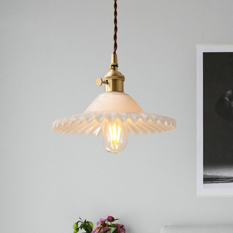 Chloe - Scalloped Pendant Light: Industrial Brass & White Glass