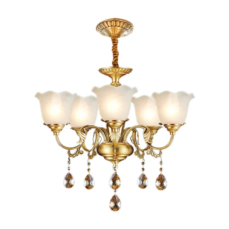 3/5 Bulbs Scrolls Hanging Lamp Traditional Gold Crystal Floral Shade Chandelier With Clear Glass