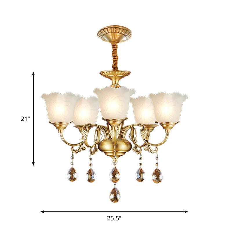 3/5 Bulbs Scrolls Hanging Lamp Traditional Gold Crystal Floral Shade Chandelier With Clear Glass