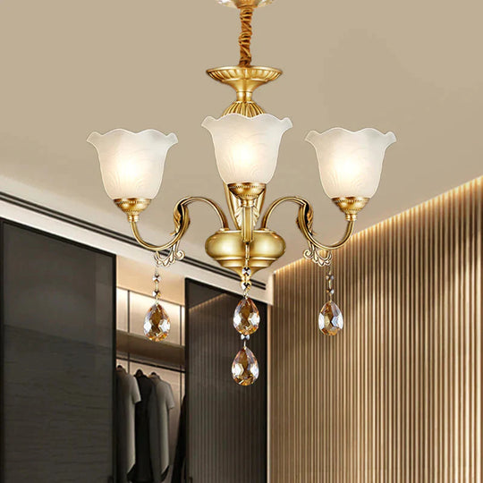 3/5 Bulbs Scrolls Hanging Lamp Traditional Gold Crystal Floral Shade Chandelier With Clear Glass