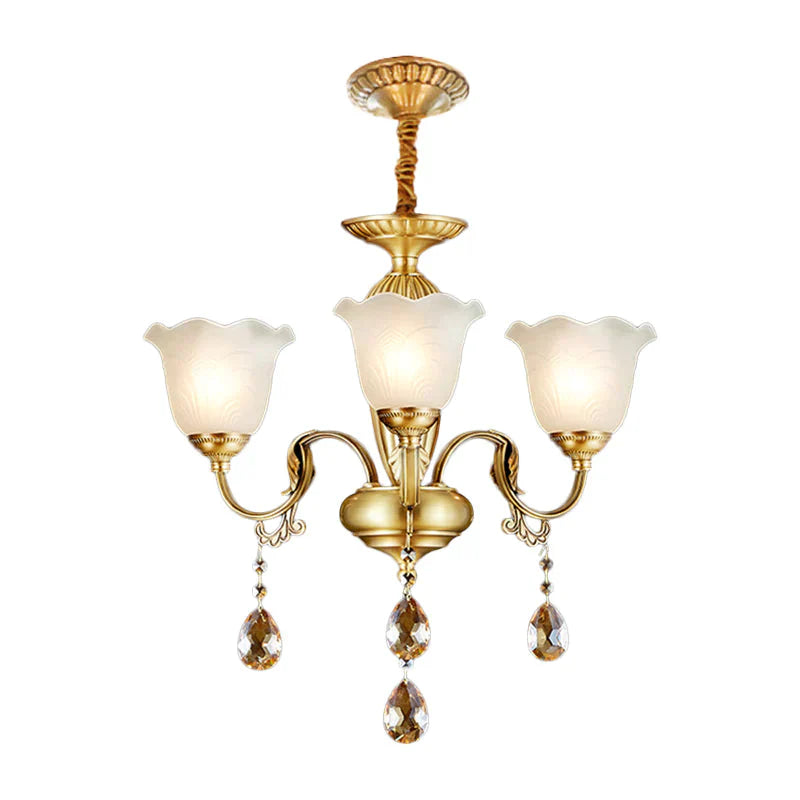 3/5 Bulbs Scrolls Hanging Lamp Traditional Gold Crystal Floral Shade Chandelier With Clear Glass