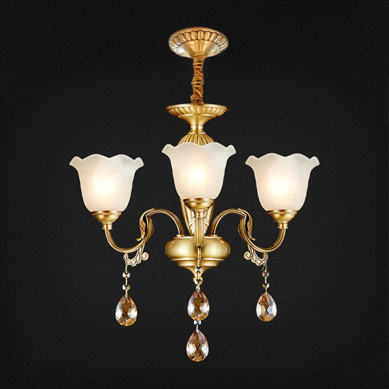 3/5 Bulbs Scrolls Hanging Lamp Traditional Gold Crystal Floral Shade Chandelier With Clear Glass