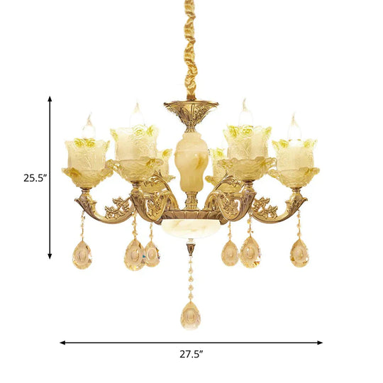 6 Heads Swirling Arm Chandelier Light Traditional Brass Crystal Bell Shade Pendant With Clear Glass