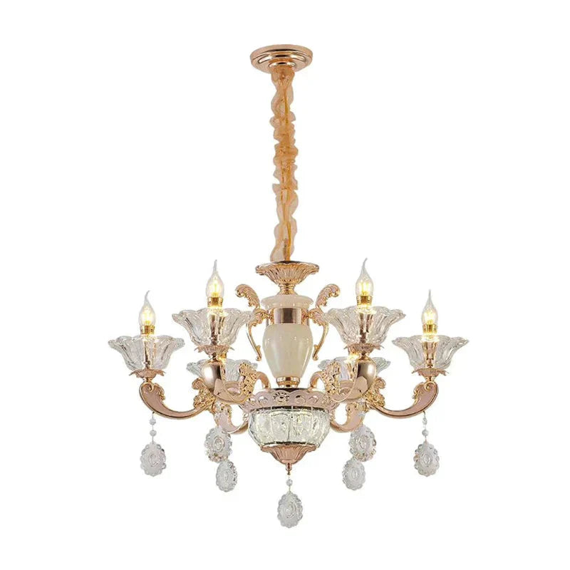 6/8 Bulbs Suspension Lighting Traditional Flower Clear Crystal Shade Chandelier With Curvy Arm In