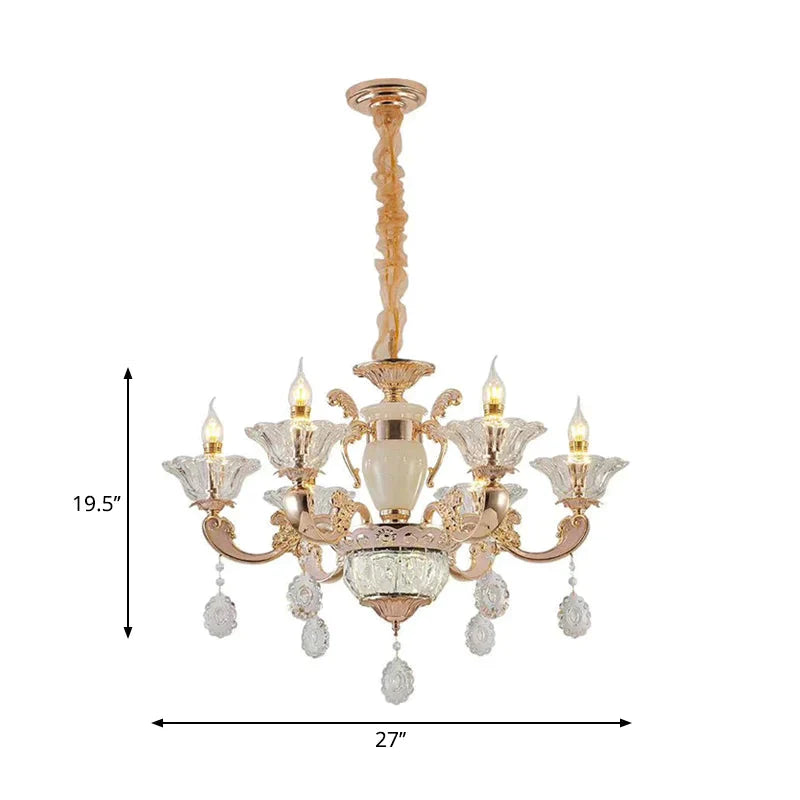 6/8 Bulbs Suspension Lighting Traditional Flower Clear Crystal Shade Chandelier With Curvy Arm In
