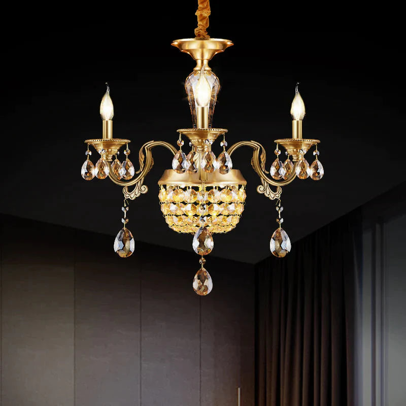 3/5 Heads Chandelier Lamp Traditional Candlestick Clear/Amber Crystal Accents Suspension Pendant