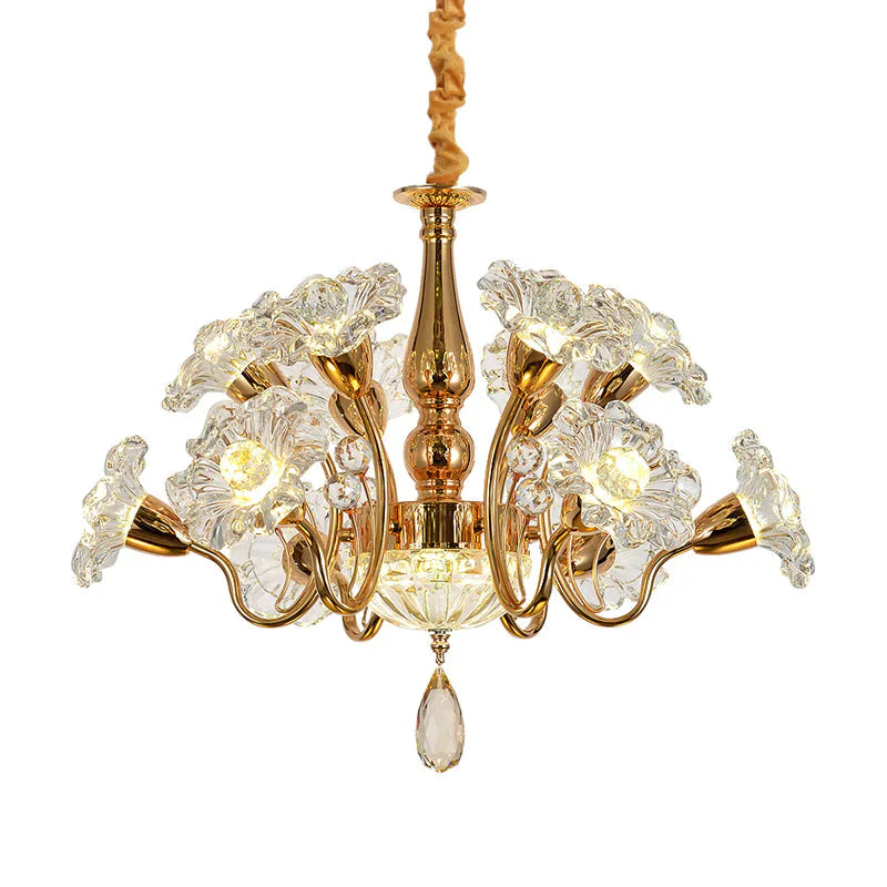 12 Bulbs Swirled Arm Chandelier Traditional Gold Clear 2 - Tier Crystal Flower Shade Ceiling Light