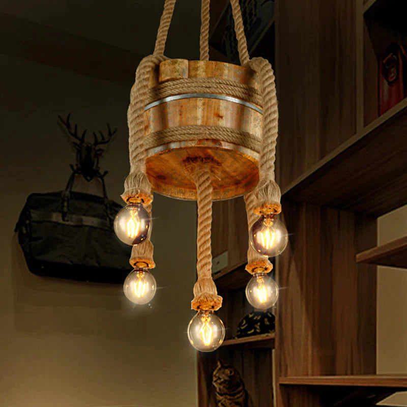 Drum Shape Chandeliers Five - Light Retro Style Wood Hanging Lights In Beige Color For Agritainment