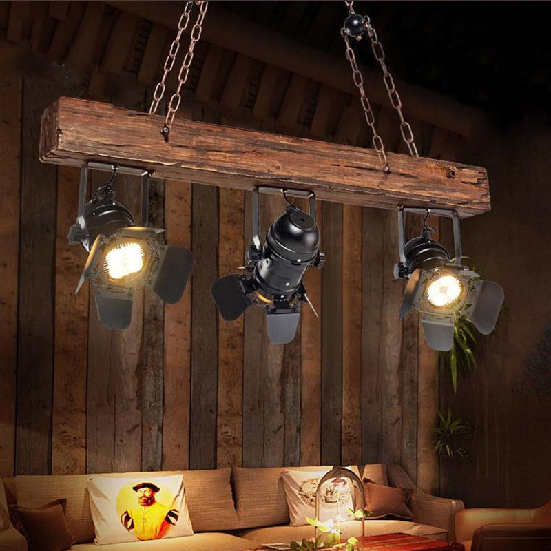 3 Lights Vintage Metal And Wood Island Pendant Light With Wooden Beam In Black Lighting