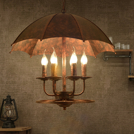 Rust Candle Suspension Light With Umbrella Shade 6 Lights Metallic Pendant Lamp For Boutique