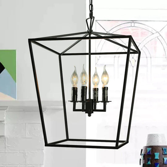 Vintage Squared Cage Chandelier Light Fixture With Candle 4 - Light Wrought Iron Medium Ceiling In