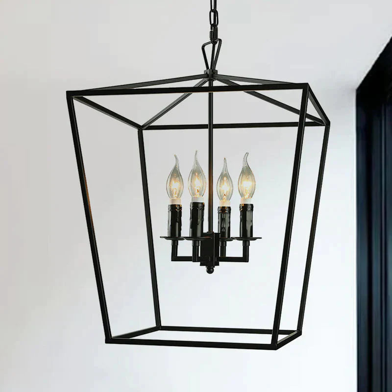 Vintage Squared Cage Chandelier Light Fixture With Candle 4 - Light Wrought Iron Medium Ceiling In