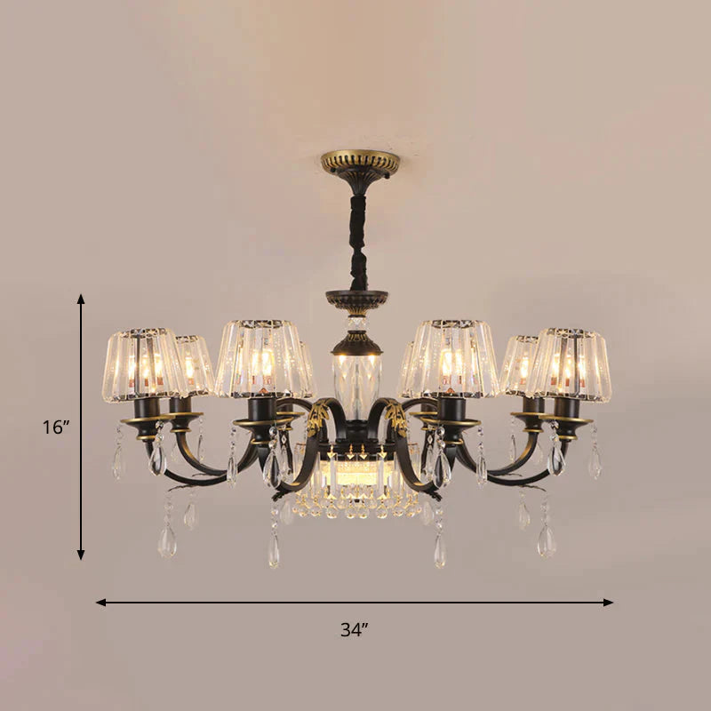 Traditional Cone Down Lighting 6/8 Heads Clear Crystal Glass Chandelier Light Fixture In Black With