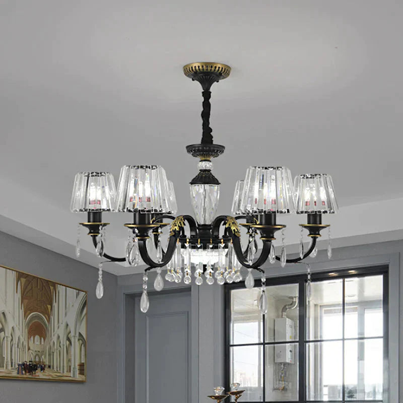 Traditional Cone Down Lighting 6/8 Heads Clear Crystal Glass Chandelier Light Fixture In Black With