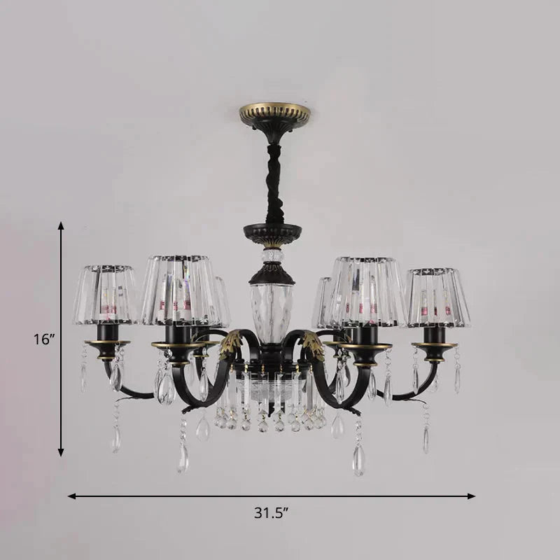 Traditional Cone Down Lighting 6/8 Heads Clear Crystal Glass Chandelier Light Fixture In Black With