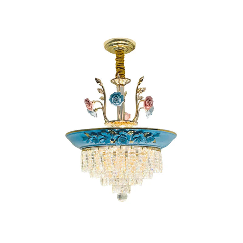 Antique Chandelier Crystal Drop Lamp With Handmade Rose Trim In Blue/Beige