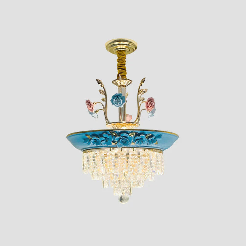 Antique Chandelier Crystal Drop Lamp With Handmade Rose Trim In Blue/Beige