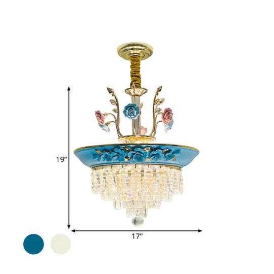 Antique Chandelier Crystal Drop Lamp With Handmade Rose Trim In Blue/Beige