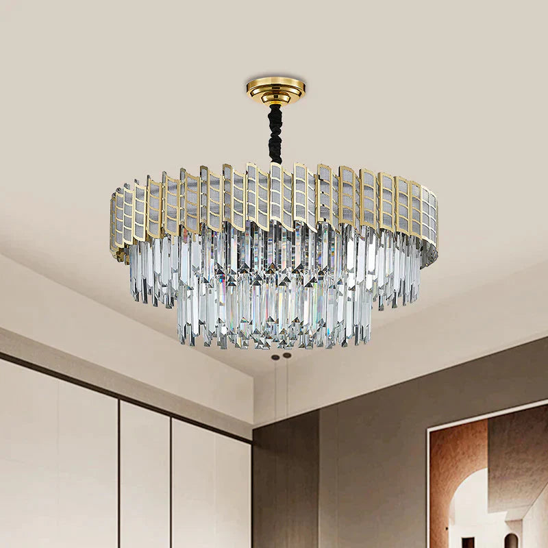 2 - Tiered 9 Bulb Crystal Ceiling Pendant Light Chandelier In Gold