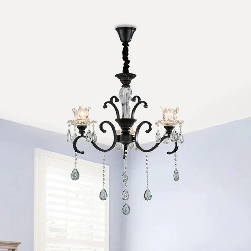 3/6 Heads Swirled Arm Chandelier Traditional Black Metal Hanging Lamp With Clear Crystal Tulip Shade