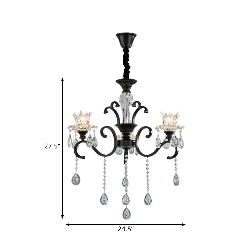 3/6 Heads Swirled Arm Chandelier Traditional Black Metal Hanging Lamp With Clear Crystal Tulip Shade