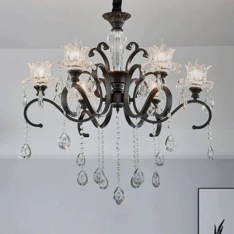 3/6 Heads Swirled Arm Chandelier Traditional Black Metal Hanging Lamp With Clear Crystal Tulip Shade