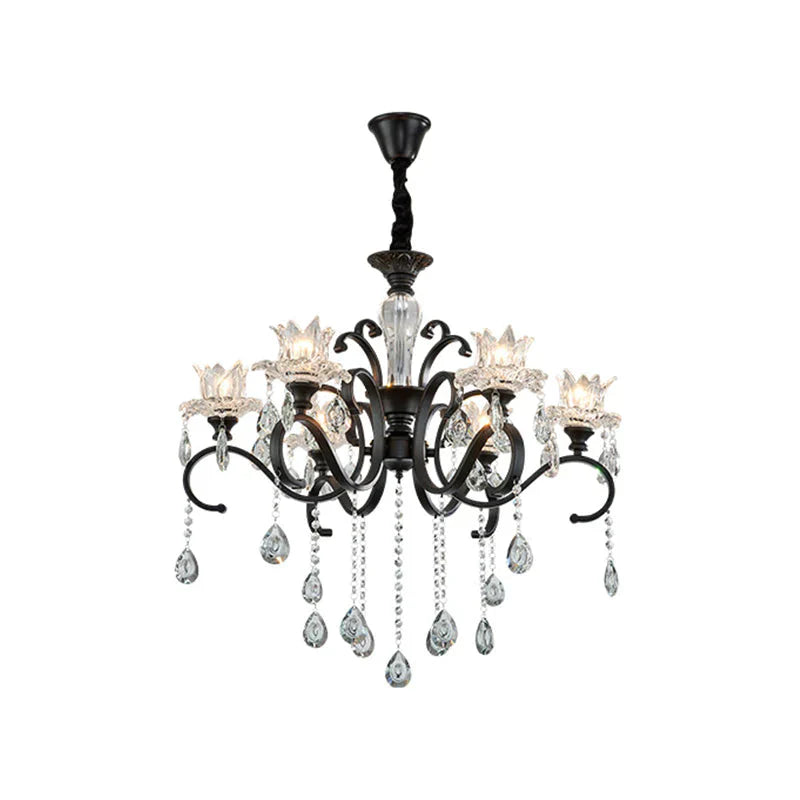 3/6 Heads Swirled Arm Chandelier Traditional Black Metal Hanging Lamp With Clear Crystal Tulip Shade