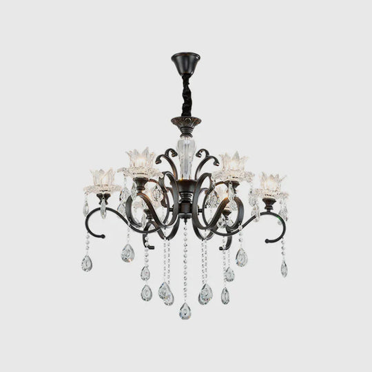 3/6 Heads Swirled Arm Chandelier Traditional Black Metal Hanging Lamp With Clear Crystal Tulip Shade