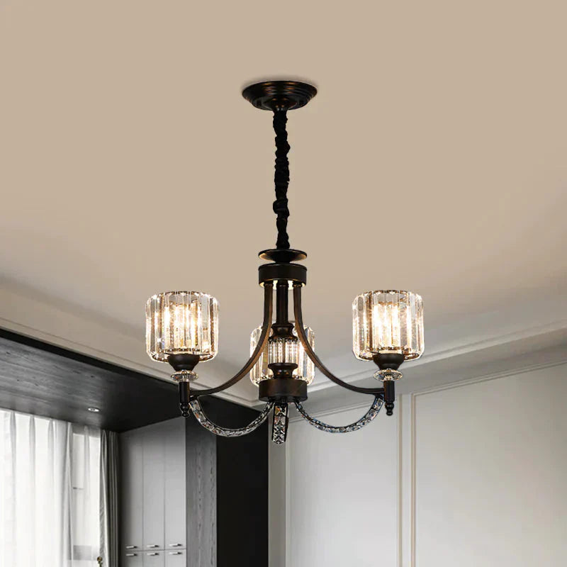 3/6 Bulbs Suspension Light Traditional Cylindrical Shade Clear Crystal Ceiling Chandelier With