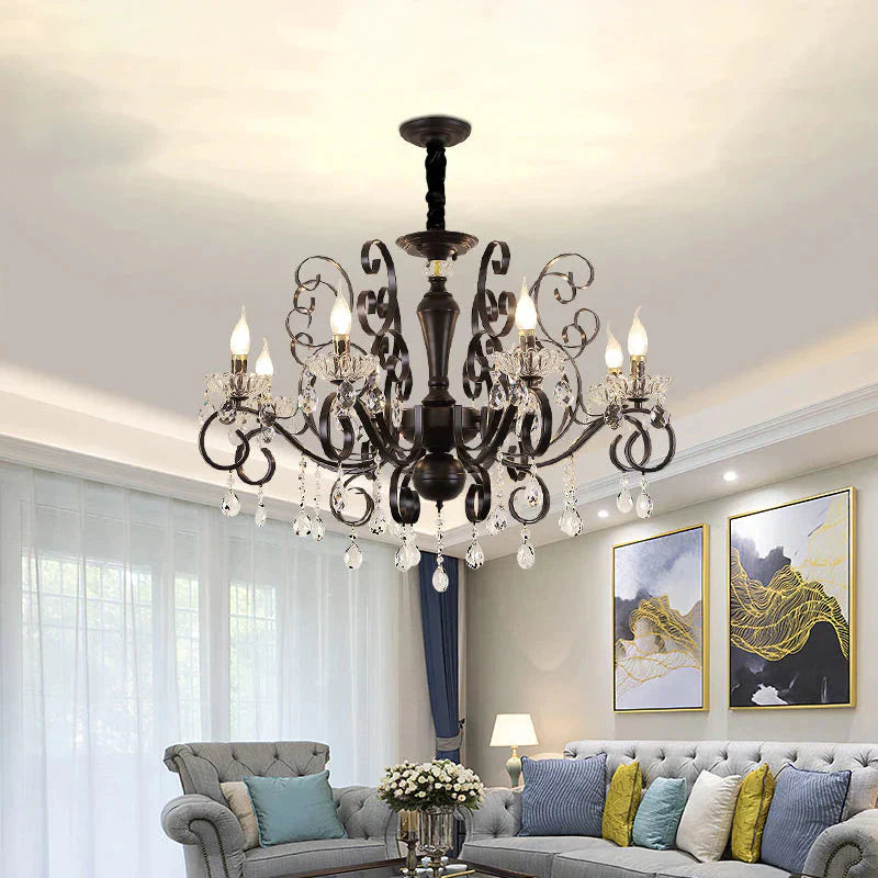 Clear Crystal Candelabra Suspension Pendant Traditional 6/8 Bulbs Parlor Chandelier With Droplets