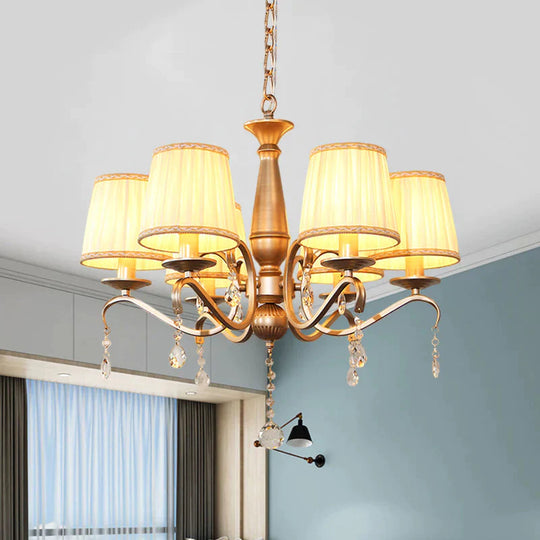 Traditional Barrel Shade Hanging Light 6 Bulbs Pleated Fabric Ceiling Chandelier With Gold Curved