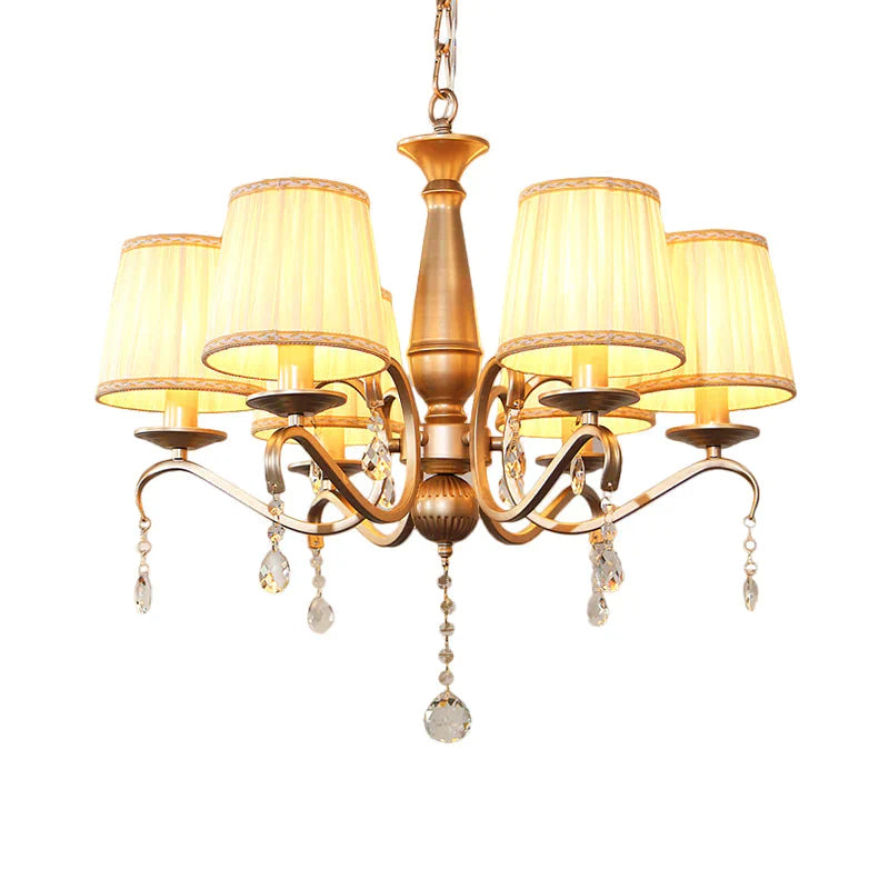 Traditional Barrel Shade Hanging Light 6 Bulbs Pleated Fabric Ceiling Chandelier With Gold Curved