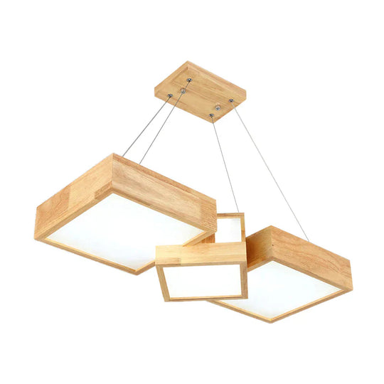 Modern Rhombus/Square Led Chandelier Pendant Wooden 3 - Light Bedroom Ceiling Lamp In Warm/White