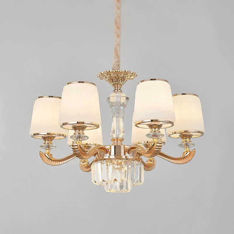 6/8 - Light Ceiling Chandelier Traditional Parlor Hanging Lamp With Tapered Milk Glass Shade In Gold