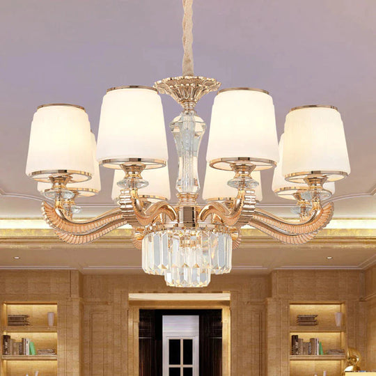 6/8 - Light Ceiling Chandelier Traditional Parlor Hanging Lamp With Tapered Milk Glass Shade In Gold