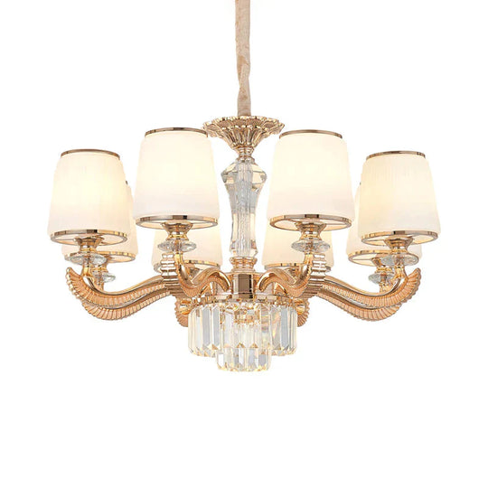 6/8 - Light Ceiling Chandelier Traditional Parlor Hanging Lamp With Tapered Milk Glass Shade In Gold