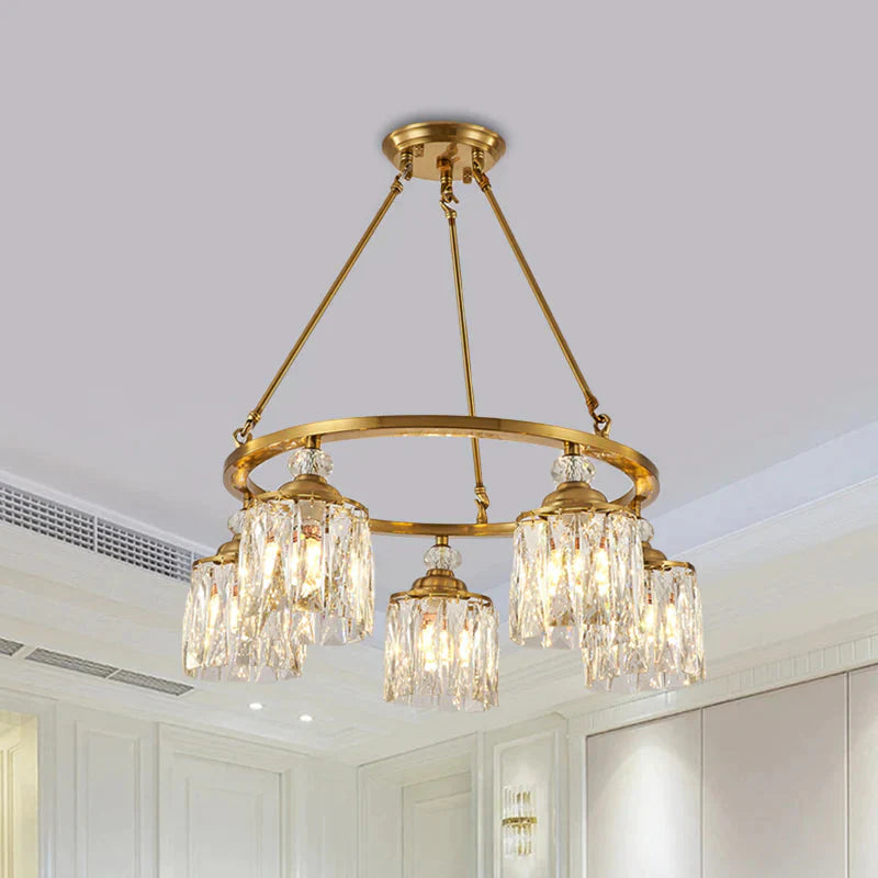 Postmodern Circle Hanging Chandelier 5 Bulbs Cut Crystal Cylinder Ceiling Pendant Light In Gold