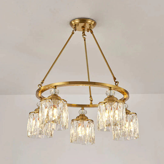 Postmodern Circle Hanging Chandelier 5 Bulbs Cut Crystal Cylinder Ceiling Pendant Light In Gold
