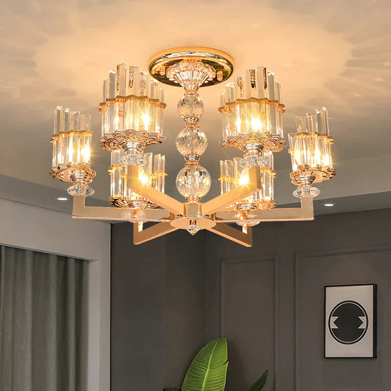 Gold Half - Shade Chandelier Modern Crystal Rod 3/6 Lights Living Room Hanging Pendant