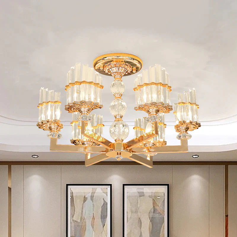 Gold Half - Shade Chandelier Modern Crystal Rod 3/6 Lights Living Room Hanging Pendant