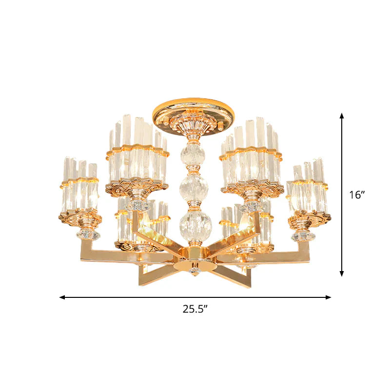 Gold Half - Shade Chandelier Modern Crystal Rod 3/6 Lights Living Room Hanging Pendant