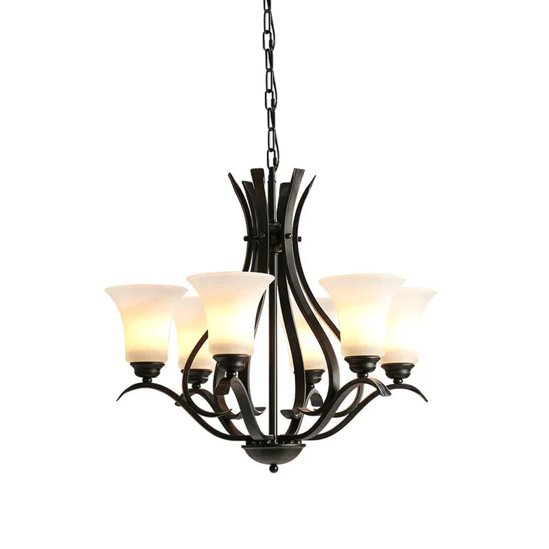 6/8 Lights Milk Glass Chandelier Lamp Retro Style Black Bell Living Room Hanging Pendant Light With