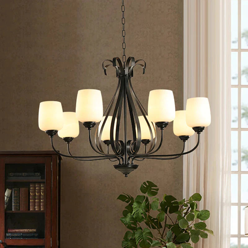 Cream Glass Tulip Chandelier Lamp Vintage 3/6/8 Bulbs Dining Room Pendant In Black With Raindrop