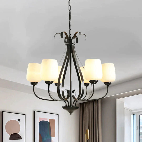 Cream Glass Tulip Chandelier Lamp Vintage 3/6/8 Bulbs Dining Room Pendant In Black With Raindrop