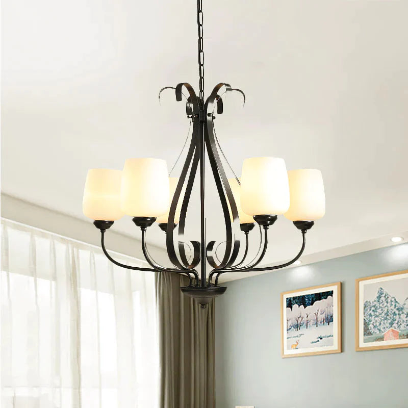 Cream Glass Tulip Chandelier Lamp Vintage 3/6/8 Bulbs Dining Room Pendant In Black With Raindrop