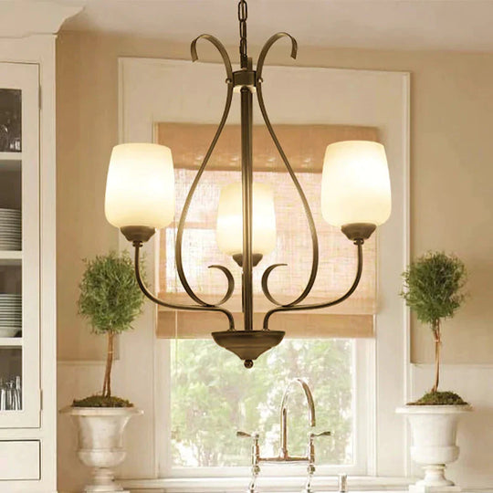 Cream Glass Tulip Chandelier Lamp Vintage 3/6/8 Bulbs Dining Room Pendant In Black With Raindrop